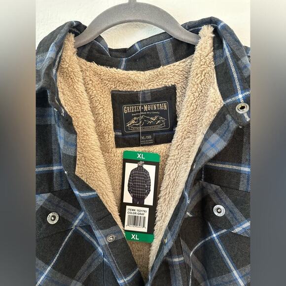 NWT Men’s Grizzly Mountain Flannel Jacket Blue Plaid Sherpa Lined Snap Down XL - Picture 6 of 7
